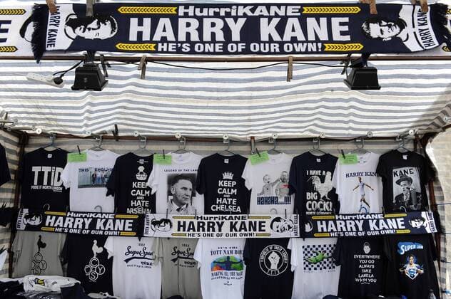 Harry Kane scarfs and t-shirts for sale outside White Hart Lane - Barclays Premier League - Tottenham Hotspur vs Hull City - White Hart Lane Stadium - London - England - 16th May 2015 - Pic Robin Parker Sportimage EDITORIAL USE ONLY. No use with unauthorised audio, video, data, fixture lists, club league logos or live services. Online in-match use limited to 120 images, no video emulation. No use in betting, games or single club league player publications. TM3_2542.JPG