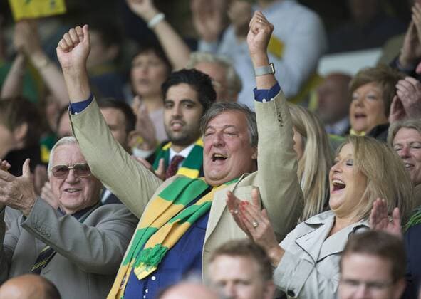 16.05.2015. Ipswich, England. Skybet Championship Play Off 2nd Leg. Norwich versus Ipswich. Lifelong Norwich fan Stephen Fry cheers on his side. xNigelxCookex  ActionPlus11621340