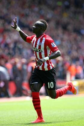 Football - 2014 2015 Premier League - Southampton vs. Aston Villa Southampton s Sadio Mane celebrates his hat trick at St Mary s Stadium Southampton Colorsport Shaun Boggust 