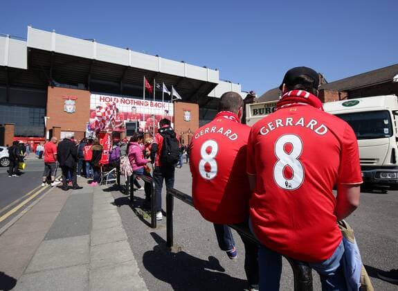 Fans wait in the sunshine for Steven Gerrard s last game - Barclays Premier League - Liverpool vs Crystal Palace - Anfield Stadium - Liverpool - England - 16th May 2015 - Picture Simon Bellis Sportimage EDITORIAL USE ONLY. No use with unauthorised audio, video, data, fixture lists, club league logos or live services. Online in-match use limited to 120 images, no video emulation. No use in betting, games or single club league player publications.