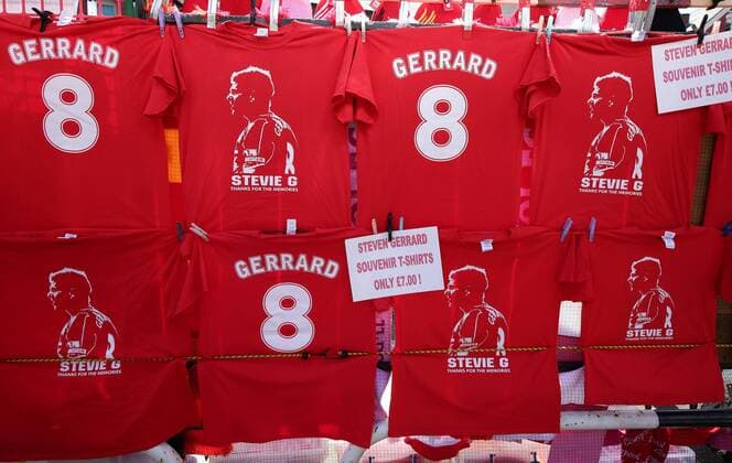 Steven Gerrard shirts dominate the merchandise stands before his last Anfield game - Barclays Premier League - Liverpool vs Crystal Palace - Anfield Stadium - Liverpool - England - 16th May 2015 - Picture Simon Bellis Sportimage EDITORIAL USE ONLY. No use with unauthorised audio, video, data, fixture lists, club league logos or live services. Online in-match use limited to 120 images, no video emulation. No use in betting, games or single club league player publications.