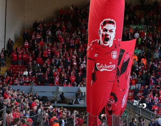 Flags of Steven Gerrard fly over the cop dominating the scene - Barclays Premier League - Liverpool vs Crystal Palace - Anfield Stadium - Liverpool - England - 16th May 2015 - Picture Simon Bellis Sportimage EDITORIAL USE ONLY. No use with unauthorised audio, video, data, fixture lists, club league logos or live services. Online in-match use limited to 120 images, no video emulation. No use in betting, games or single club league player publications.