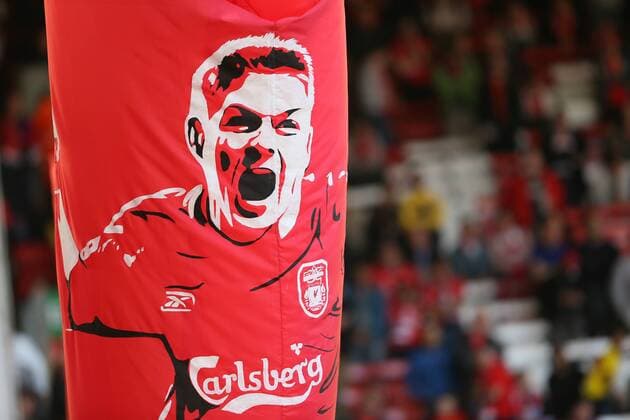 Flags of Steven Gerrard fly over the cop dominating the scene - Barclays Premier League - Liverpool vs Crystal Palace - Anfield Stadium - Liverpool - England - 16th May 2015 - Picture Simon Bellis Sportimage EDITORIAL USE ONLY. No use with unauthorised audio, video, data, fixture lists, club league logos or live services. Online in-match use limited to 120 images, no video emulation. No use in betting, games or single club league player publications.