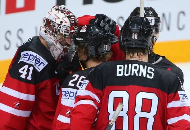 PRAGUE, CZECH REPUBLIC. MAY 16, 2015. Canada s goalie Mike Smith, Claude Giroux and Brent Burns (L-R) seen after the 2015 IIHF World Championship WM Weltmeisterschaft semifinal Ice hockey Eishockey match against Czech Republic at O2 Arena. The Canadian team won the game 2:0. Valery Sharifulin TASS  TS00367E