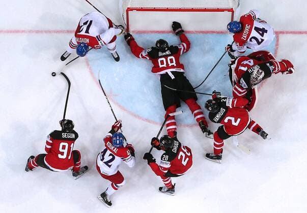 PRAGUE, CZECH REPUBLIC. MAY 16, 2015. Canada s and Czech Republic s players seen in their 2015 IIHF World Championship WM Weltmeisterschaft semifinal Ice hockey Eishockey match at O2 Arena. The Canadian team won the game 2:0. Valery Sharifulin TASS  TS00368E