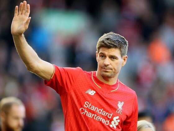 Steven Gerrard of Liverpool waves goodbye - Barclays Premier League - Liverpool vs Crystal Palace - Anfield Stadium - Liverpool - England - 16th May 2015 - Picture Simon Bellis Sportimage EDITORIAL USE ONLY. No use with unauthorised audio, video, data, fixture lists, club league logos or live services. Online in-match use limited to 120 images, no video emulation. No use in betting, games or single club league player publications.