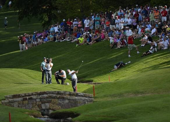 May 16, 2015 - Charlotte, NC, USA - Rory McIlroy hits his second shot to the 18th green during the third round of the Wells Fargo Championship on Saturday, May 16, 2015, at Quail Hollow Club in Charlotte, N.C. McIlroy finished at -18. Wells Fargo Championship - ZUMAm67_