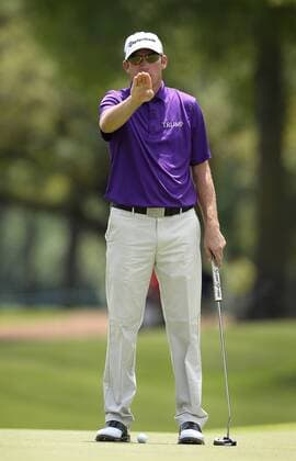 May 16, 2015 - Charlotte, NC, USA - Jim Herman lines up a putt on the ninth green during the third round of the Wells Fargo Championship on Saturday, May 16, 2015, at Quail Hollow Club in Charlotte, N.C. Wells Fargo Championship - ZUMAm67_