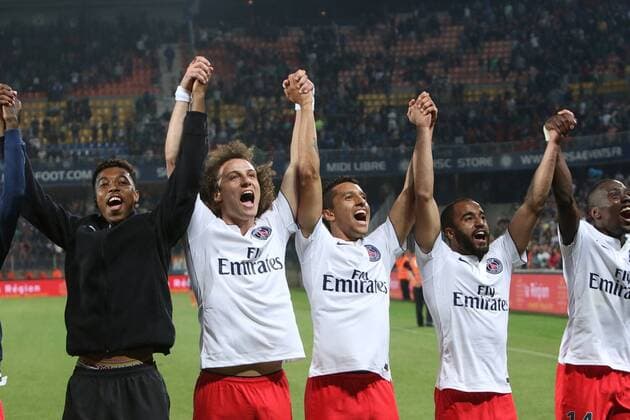 David Luiz, Marquinhos, Lucas, Blaise Matuidi- Paris St. Germain (PSG) feiert den Gewinn der französischen Meisterschaft - 