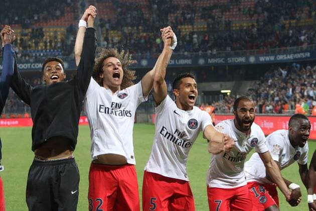 David Luiz, Marquinhos, Lucas, Blaise Matuidi- Paris St. Germain (PSG) feiert den Gewinn der französischen Meisterschaft - 