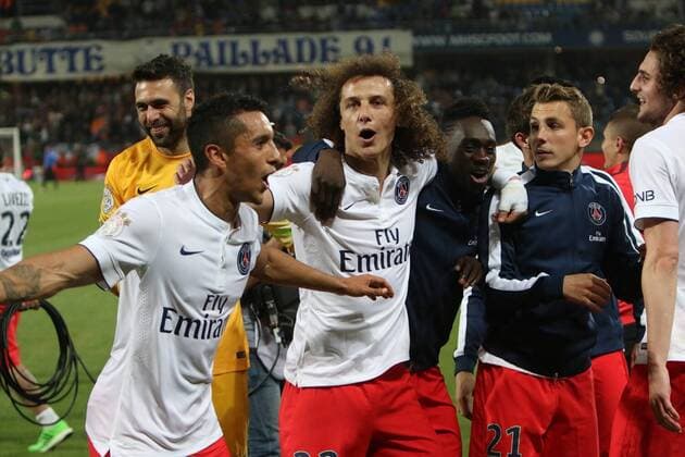 Marquinhos, David Luiz, Lucas Digne - Paris St. Germain (PSG) feiert den Gewinn der französischen Meisterschaft - 