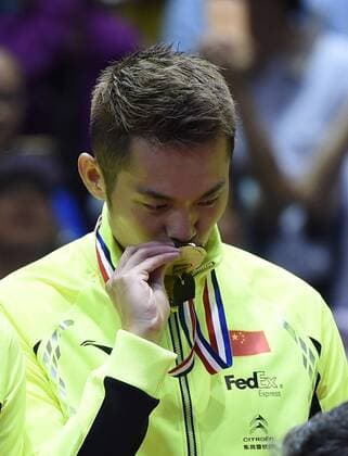 (150517) -- DONGGUAN, May 17, 2015 -- China s Lin Dan celebrates during the awarding ceremony for 2015 Sudirman Cup BWF World Mixed Team Championships in Dongguan, south China s Guangdong Province, May 17, 2015. ) (SP)CHINA-DONGGUAN-BADMINTON-2015 SUDIRMAN CUP(CN) LiuxDawei 