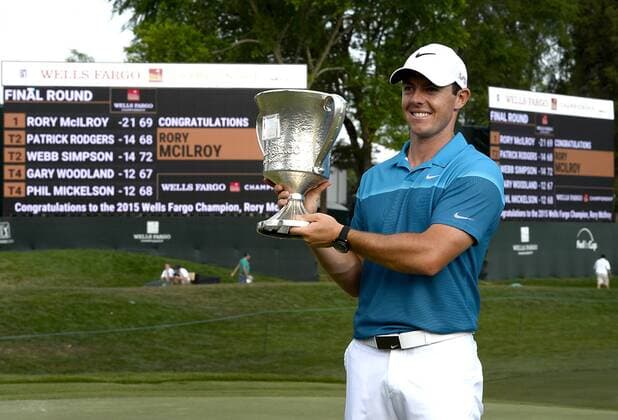 May 17, 2015 - Charlotte, NC, USA - Rory McIlroy with the Wells Fargo Championship trophy after winning the tournament on Sunday, May 17, 2015, at Quail Hollow Club in Charlotte, N.C. Wells Fargo Championship, final round - ZUMAm67_