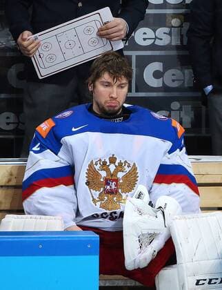 PRAGUE, CZECH REPUBLIC. MAY 17, 2015. Russia s goalie Sergei Bobrovsky upset after losing the 2015 IIHF Ice hockey Eishockey World Championship WM Weltmeisterschaft final match against Canada at O2 Arena. The Canadian team won the game 6:1 and claimed the world title. Valery Sharifulin TASS  TS003834