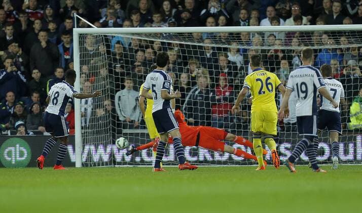 Saido Berahino of West Brom scores from the penalty spot - Football - Barclays Premier League - West Bromwich Albion vs Chelsea - The Hawthorns West Bromwich - Season 2014 2015 - 18th May 2015 - Photo Malcolm Couzens Sportimage EDITORIAL USE ONLY. No use with unauthorised audio, video, data, fixture lists, club league logos or live services. Online in-match use limited to 120 images, no video emulation. No use in betting, games or single club league player publications.