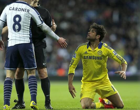 Diego Costa of Chelsea reacts following a foul by Craig Gardner of West Brom - Football - Barclays Premier League - West Bromwich Albion vs Chelsea - The Hawthorns West Bromwich - Season 2014 2015 - 18th May 2015 - Photo Malcolm Couzens Sportimage EDITORIAL USE ONLY. No use with unauthorised audio, video, data, fixture lists, club league logos or live services. Online in-match use limited to 120 images, no video emulation. No use in betting, games or single club league player publications.