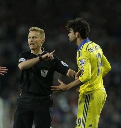 Diego Costa of Chelsea reacts following a foul by Craig Gardner of West Brom and gets a lecture from referee MIke Jones - Football - Barclays Premier League - West Bromwich Albion vs Chelsea - The Hawthorns West Bromwich - Season 2014 2015 - 18th May 2015 - Photo Malcolm Couzens Sportimage EDITORIAL USE ONLY. No use with unauthorised audio, video, data, fixture lists, club league logos or live services. Online in-match use limited to 120 images, no video emulation. No use in betting, games or single club league player publications.
