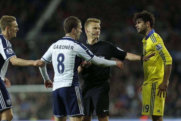 Diego Costa of Chelsea reacts following a foul by Craig Gardner of West Brom and gets a lecture from referee MIke Jones - Football - Barclays Premier League - West Bromwich Albion vs Chelsea - The Hawthorns West Bromwich - Season 2014 2015 - 18th May 2015 - Photo Malcolm Couzens Sportimage EDITORIAL USE ONLY. No use with unauthorised audio, video, data, fixture lists, club league logos or live services. Online in-match use limited to 120 images, no video emulation. No use in betting, games or single club league player publications.