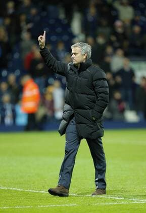 Chelsea manager Jose Mourinho salutes his supporters at the end of the game - Football - Barclays Premier League - West Bromwich Albion vs Chelsea - The Hawthorns West Bromwich - Season 2014 2015 - 18th May 2015 - Photo Malcolm Couzens Sportimage EDITORIAL USE ONLY. No use with unauthorised audio, video, data, fixture lists, club league logos or live services. Online in-match use limited to 120 images, no video emulation. No use in betting, games or single club league player publications.