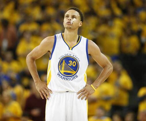 May 19, 2015 - Oakland, CA, USA - The Golden State Warriors Stephen Curry looks at the scoreboard during the second quarter against the Houston Rockets in Game 1 of the Western Conference finals at Oracle Arena in Oakland, Calif., on Tuesday, May 19, 2015. Houston at Golden State, Game 1 - ZUMAm67_
