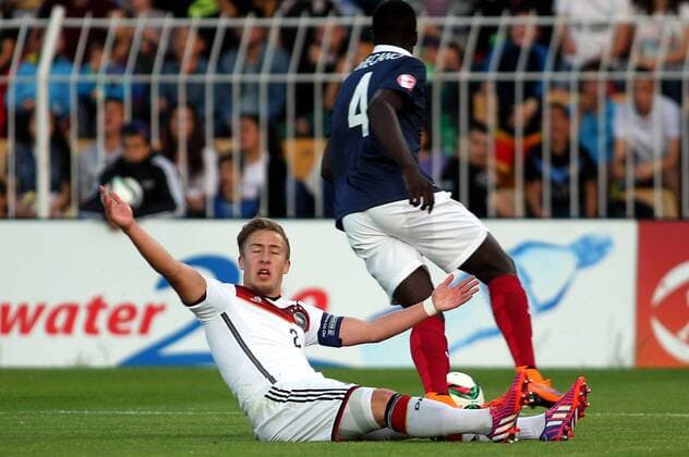 22.05.2015 Burgas(Bulgaria) Germany-France U17 U 17 Final European Championship EM Europameisterschaft men s football Felix Passlack(down) Germany react at referee decision : 