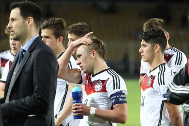 22.05.2015 Burgas(Bulgaria) Germany-France U17 U 17 Final European Championship EM Europameisterschaft men s football Felix Passlack(c) and Gorkem Saglam(r)Germany after lost match :Str 