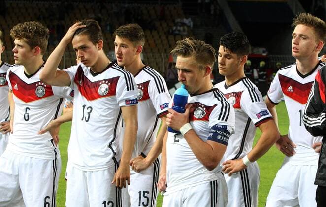 22.05.2015 Burgas(Bulgaria) Germany-France U17 U 17 Final European Championship EM Europameisterschaft men s football Joel Abu Hanna,Daniel Nesseler,Salih Ozcan,Felix Passlack,Gorkem Saglam and Jonas Busam Germany U17 after lost match :Str 