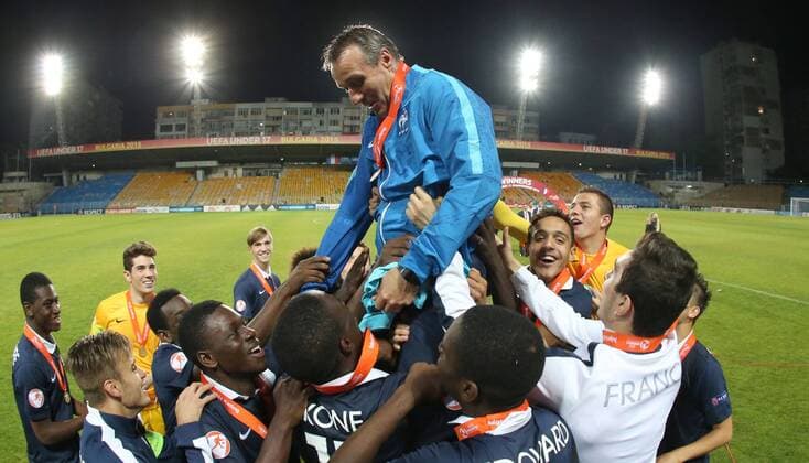 22.05.2015 Burgas(Bulgaria) Germany-France U17 U 17 Final European Championship EM Europameisterschaft men s football Jean-Claude Giuntini(c) France U17 coach with his players :Str 