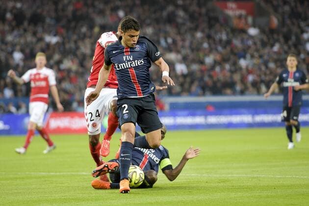 Thiago Silva (PSG) Zoumana Camara (PSG) FOOTBALL : PSG vs Reims - Ligue 1 - 23 05 2015 JBAutissier Panoramic 