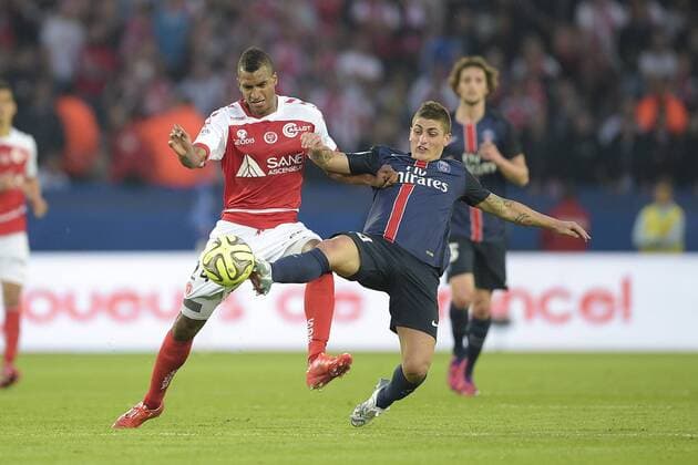 Marco Verratti (PSG) vs NGOG David (Reims) FOOTBALL : PSG vs Reims - Ligue 1 - 23 05 2015 JBAutissier Panoramic 
