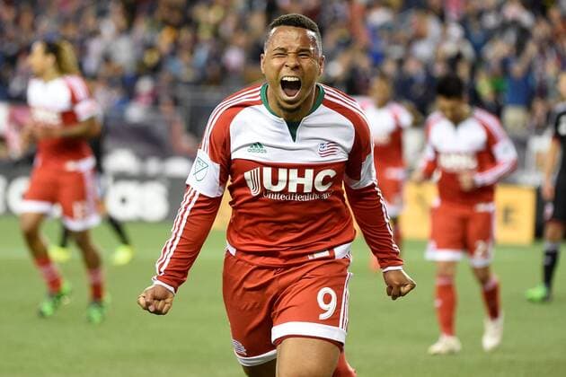 May 23, 2015 - Foxborough, Massachusetts, U.S. - New England Revolution forward Charlie Davies (9) reacts to his first half goal during the MLS Fussball Herren USA game between DC United and the New England Revolution held at Gillette Stadium in Foxborough Massachusetts. Eric Canha CSM MLS 2015: DC United vs Revolution MAY 23 - ZUMAc04_