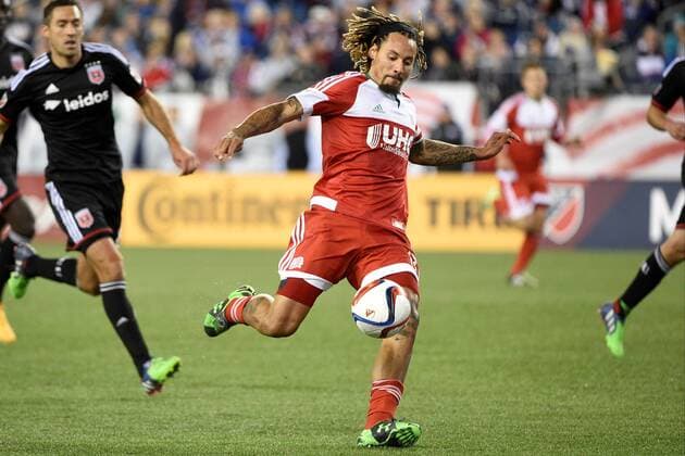 May 23, 2015 - Foxborough, Massachusetts, U.S. - New England Revolution midfielder Jermaine Jones (13) shoots the ball during the MLS Fussball Herren USA game between DC United and the New England Revolution held at Gillette Stadium in Foxborough Massachusetts. The New England Revolution and D.C. United ended the game tied 1-1. Eric Canha CSM MLS 2015: DC United vs Revolution MAY 23 - ZUMAc04_