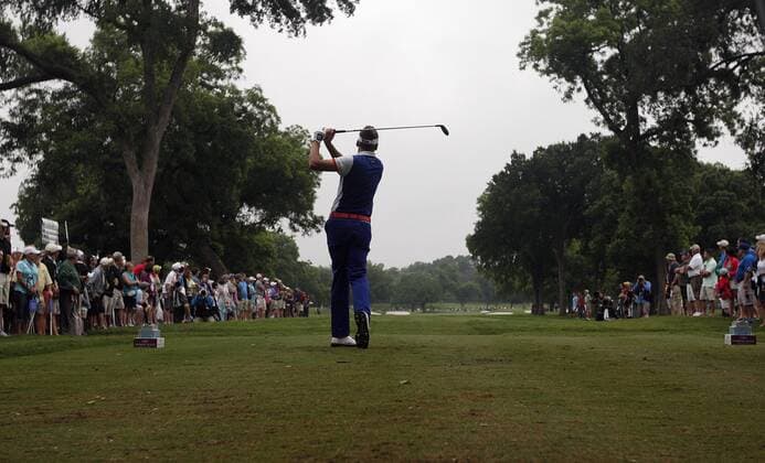 May 23, 2015 - Fort Worth, TX, USA - Ian Poulter watches his tee shot on the 6th hole during the third round of the Crowne Plaza Invitational at the Colonial in Fort Worth, Texas, on Saturday, May 23, 2015. Crowne Plaza Invitational at the Colonial, third round - ZUMAm67_