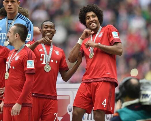 23.05.2015, Fussball, Saison 2014 15, 1. Bundesliga, 34. Spieltag, FC Bayern München - FSV Mainz 05 2:0 Jubel Dante (Bayern Muenchen), re., und David Alaba (Bayern Muenchen)
