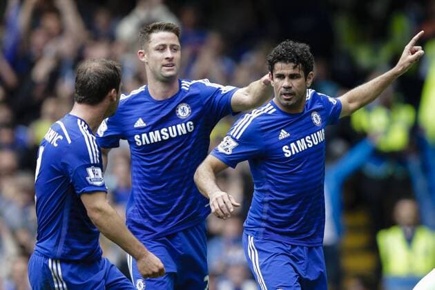 24.05.2015. London, England. Barclays Premier League. Chelsea versus Sunderland. Chelsea s Diego Costa celebrates his goal with teammates xCraigxMercerx  ActionPlus11623632