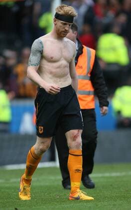 Warrior Paul McShane of Hull City shows the scars of battle as his team are relegated - Barclays Premier League - Hull City vs Manchester Utd - KC Stadium - Hull - England - 24th May 2015 - Picture Simon Bellis Sportimage EDITORIAL USE ONLY. No use with unauthorised audio, video, data, fixture lists, club league logos or live services. Online in-match use limited to 120 images, no video emulation. No use in betting, games or single club league player publications.