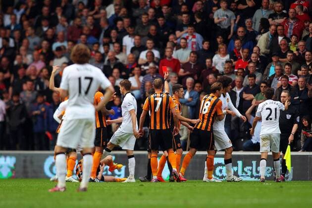 24.05.2015. Hull, England. Barclays Premier League. Hull versus Manchester United ManU Marouane Fellaini of Manchester United is shown the red card and sent off for his foul on Paul McShane of Hull City xPaulxKeevilx  ActionPlus11623793