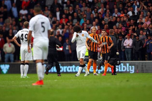 24.05.2015. Hull, England. Barclays Premier League. Hull versus Manchester United ManU Marouane Fellaini of Manchester United is shown the red card and sent off for his foul on Paul McShane of Hull City xPaulxKeevilx  ActionPlus11623794