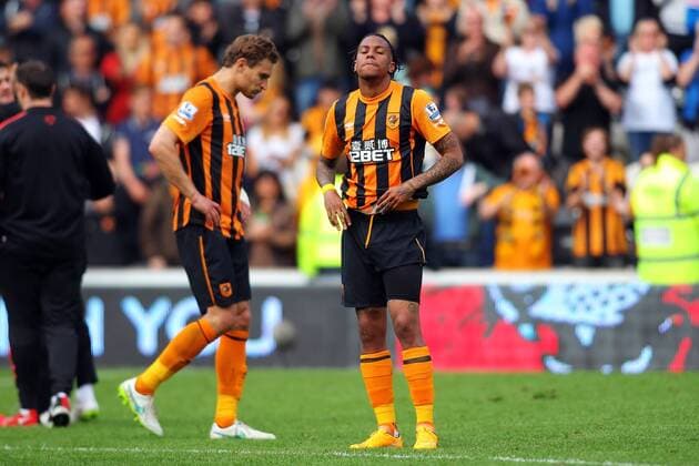 24.05.2015. Hull, England. Barclays Premier League. Hull versus Manchester United ManU Hull players are upset after their side is relegated xPaulxKeevilx  ActionPlus11623805