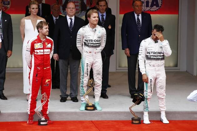 Motorsports: FIA Formula One World Championship WM Weltmeisterschaft 2015, Grand Prix of Monaco, 5 Sebastian Vettel (GER, Scuderia Ferrari), 6 Nico Rosberg (GER, Mercedes AMG Petronas Formula One Team), 44 Lewis Hamilton (GBR, Mercedes AMG Petronas Formula One Team), xHOCHxZWEIx