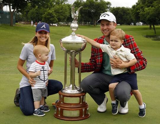 May 24, 2015 - Fort Worth, TX, USA - Chris Kirk with his wife Tahnee and his children Sawyer, 3, and Foster, 1, pose with the Leonard Trophy at the awards presentation at the Crowne Plaza Invitational at Colonial on Sunday, May 24, 2015, in Fort Worth, Texas. Crowne Plaza Invitational at Colonial - ZUMAm67_