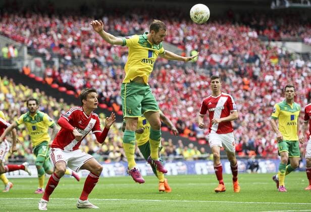 Football - 2015 Championship Play-Off Final - Middlesbrough vs. Norwich City Norwich CityÕs Steven Whittaker heads clear from his box at Wembley. COLORSPORT KEN SUTTON  5515-1