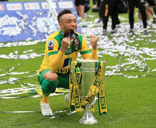 Norwich s Nathan Redmond celebrates with the trophy Sky Bet Championship Playoff Final - Middlesbrough vs Norwich City - Wembley Stadium - England - 25th May 2015 - Picture David Klein Sportimage EDITORIAL USE ONLY. No use with unauthorised audio, video, data, fixture lists, club league logos or live services. Online in-match use limited to 120 images, no video emulation. No use in betting, games or single club league player publications.