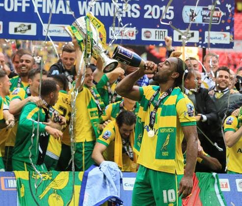 Norwich s Cameron Jerome celebrates with the trophy Sky Bet Championship Playoff Final - Middlesbrough vs Norwich City - Wembley Stadium - England - 25th May 2015 - Picture David Klein Sportimage EDITORIAL USE ONLY. No use with unauthorised audio, video, data, fixture lists, club league logos or live services. Online in-match use limited to 120 images, no video emulation. No use in betting, games or single club league player publications.