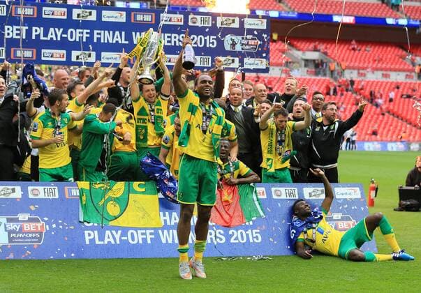 Norwich s Cameron Jerome celebrates at the final whistle Sky Bet Championship Playoff Final - Middlesbrough vs Norwich City - Wembley Stadium - England - 25th May 2015 - Picture David Klein Sportimage EDITORIAL USE ONLY. No use with unauthorised audio, video, data, fixture lists, club league logos or live services. Online in-match use limited to 120 images, no video emulation. No use in betting, games or single club league player publications.