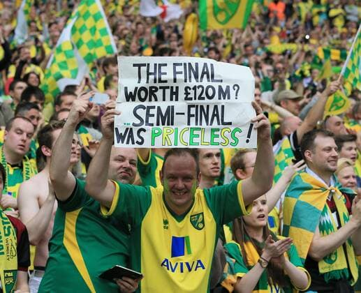 Norwich s fans celebrate at the final whistle Sky Bet Championship Playoff Final - Middlesbrough vs Norwich City - Wembley Stadium - England - 25th May 2015 - Picture David Klein Sportimage EDITORIAL USE ONLY. No use with unauthorised audio, video, data, fixture lists, club league logos or live services. Online in-match use limited to 120 images, no video emulation. No use in betting, games or single club league player publications.