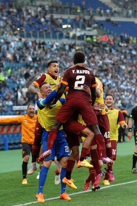 Mapou Yanga-Mbiwa Roma goal celebration 1-2 Roma 25-05-2015 Stadio Olimpico Football Calcio Serie A 2014 2015 Lazio - AS Roma. andreaxstaccioli