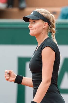 May 26, 2015: Kristina Mladenovic (FRA) in action in a 1st round match against Eugenie Bouchard (CAN) on day three of the 2015 French Open tennis tournament at Roland Garros in Paris, France. Mladenovic won 64 64. Sydney Low Cal Media. Tennis 2015: French Open MAY 26 - ZUMAc04_