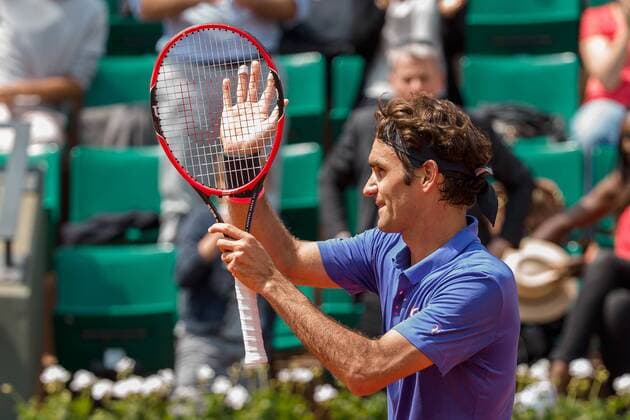 Roger Federer of Switzerland celebrates his win in a 2nd round match against Marcel Granollers of Spain on day three of the 2015 French Open tennis tournament at Roland Garros in Paris, France. Sydney Low Cal Media. Tennis 2015: French Open MAY 27 - ZUMAc04_