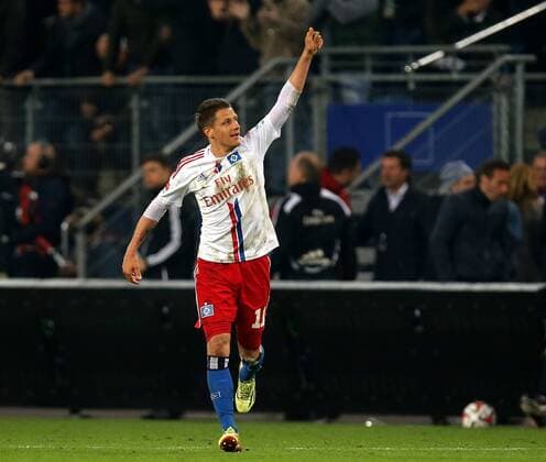 Hamburger SV - Karlsruher SC 1. Fussball Bundesliga Relegations-Hinspiel Saison 2014-2015 Hamburger SV - Karlsruher SC in der Imtech Arena Hamburg 1 - 1 Torjubel Ivo Ilicevic (Hamburger SV)